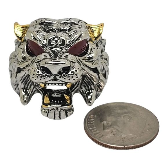 Antiqued Silvertone Red Enamel Gold Embellishments Beast Head Ring - Picture 4 of 6
